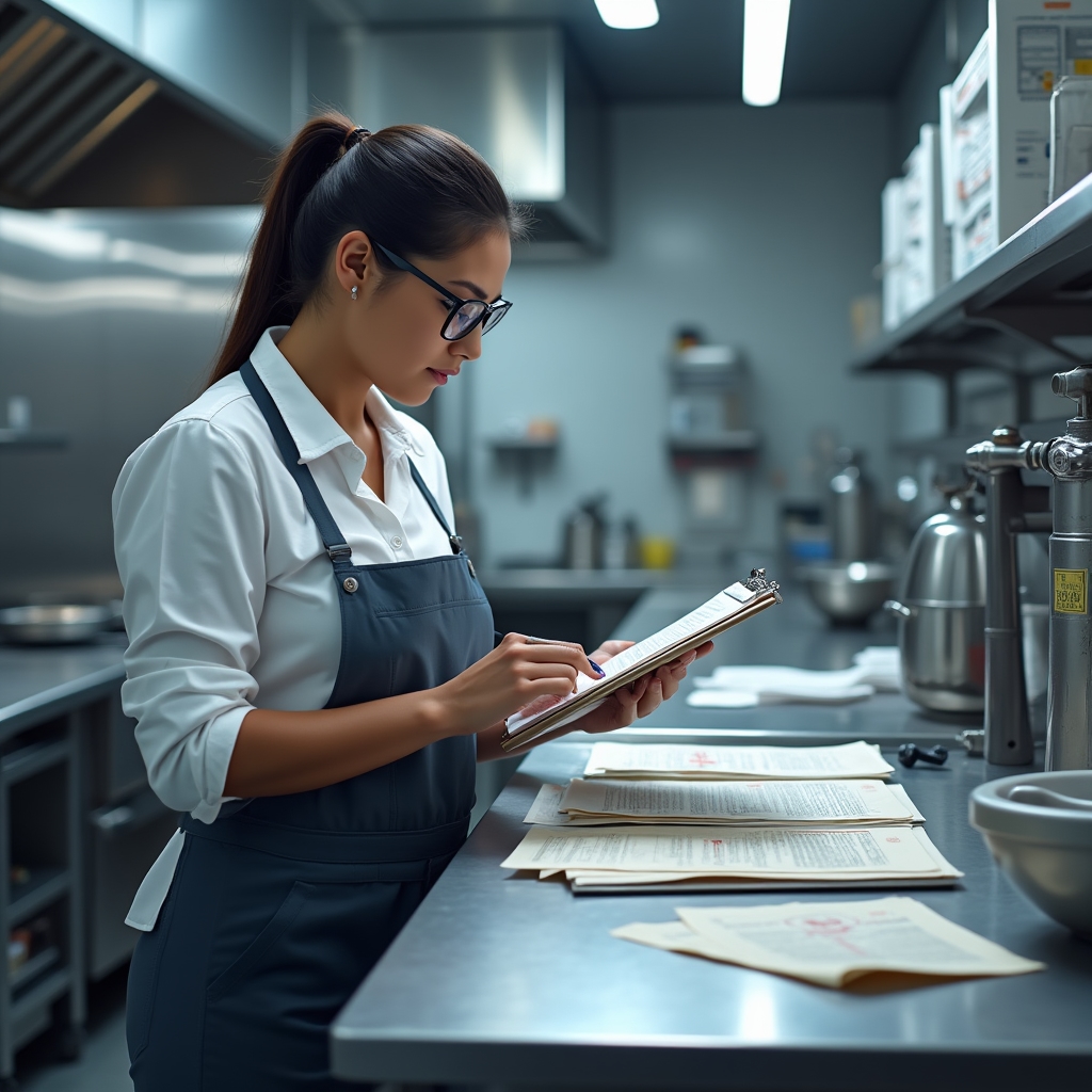 Consultor revisando documentación normativa junto a equipamiento de cocina comercial