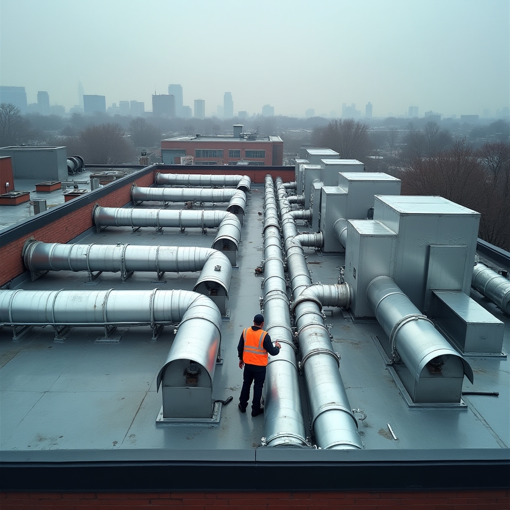 Ductos de climatización y extracción sobre la cubierta de un edificio comercial